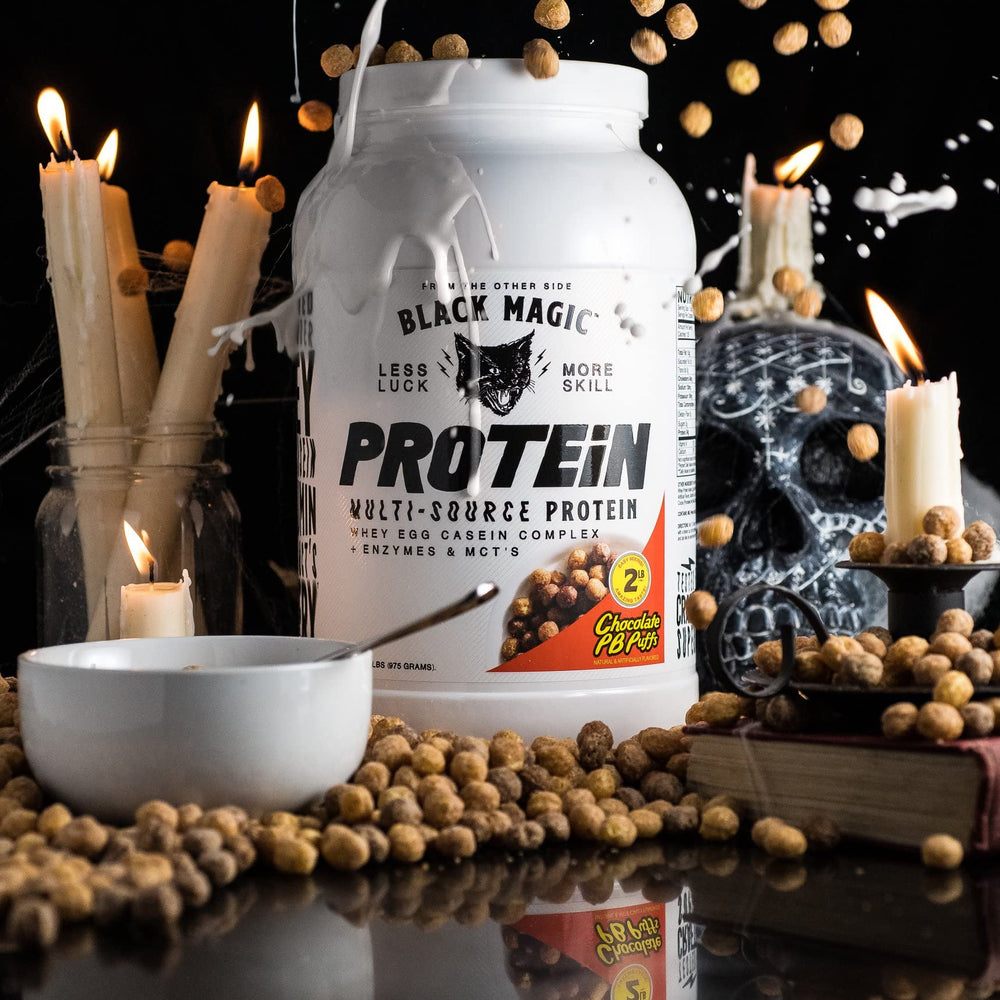 Black Magic Protein 2lbs serving scoop highlights Chocolate PB Puffs flavor after training.