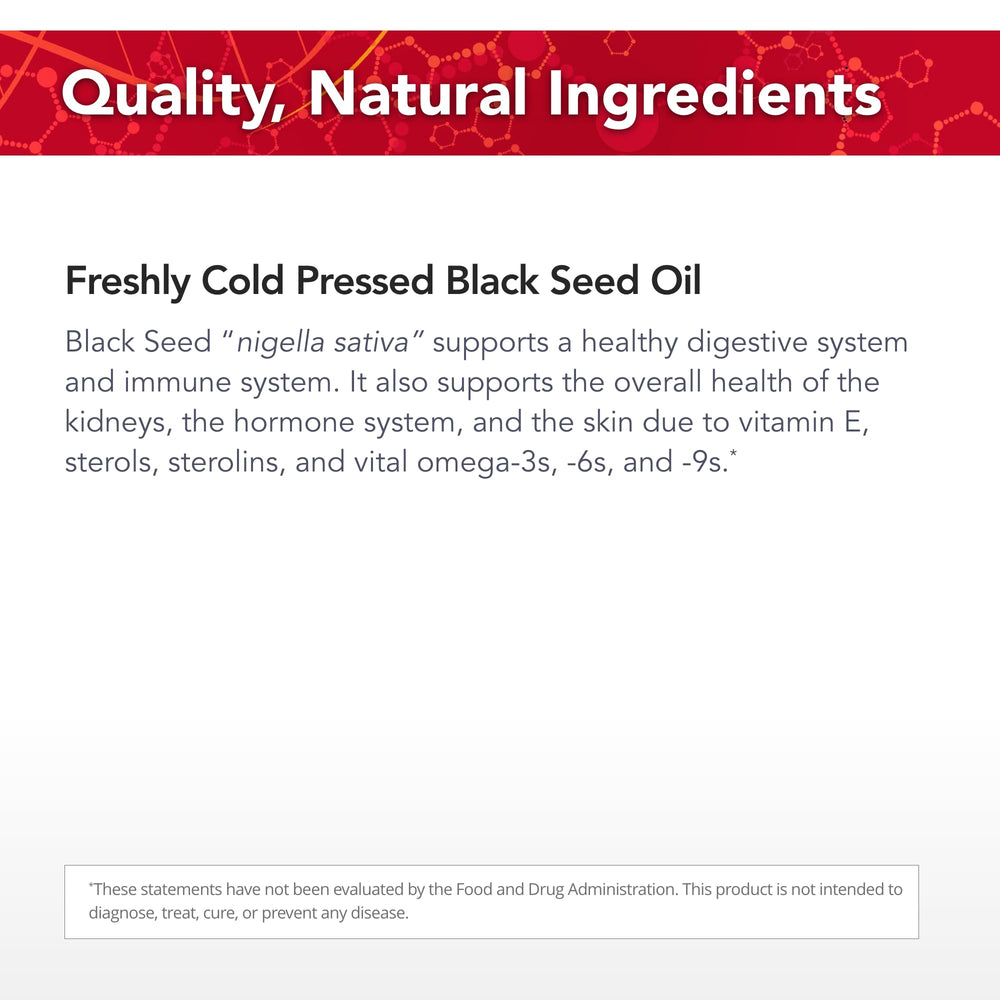 Black seed oil bottle showing 48 servings