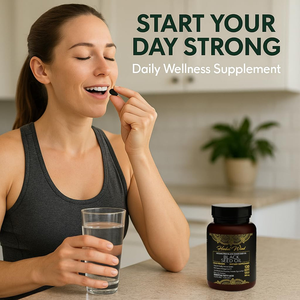 Product packaging of black seed oil capsules dietary supplement