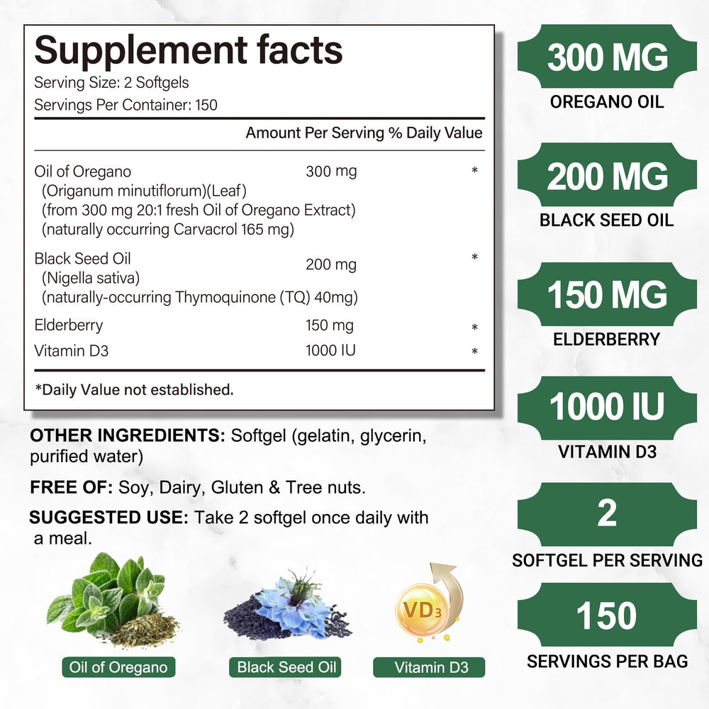 Black seed oil, elderberry, and vitamin D3 ingredients