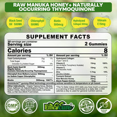 Gummies bottle featuring raw Manuka honey and chlorophyll