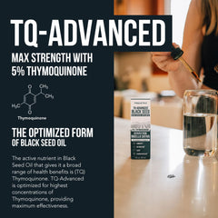 Close-up of 5% Thymoquinone label on Black Seed Oil Liquid