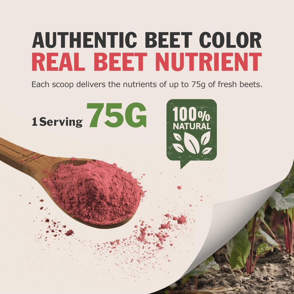 Black Hut Beetroot Powder poured into water shows vibrant color boost.