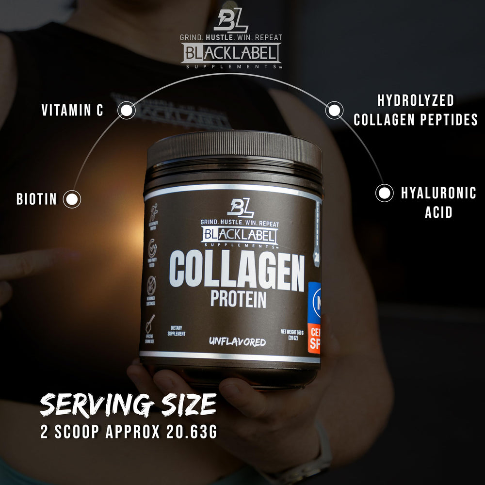 Container label indicating 28 servings for Blacklabel collagen powder