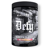 Front view of BLACKMARKET DEFY High-Stimulant Pre-Workout powder canister in Razz Mango Sherbet flavor