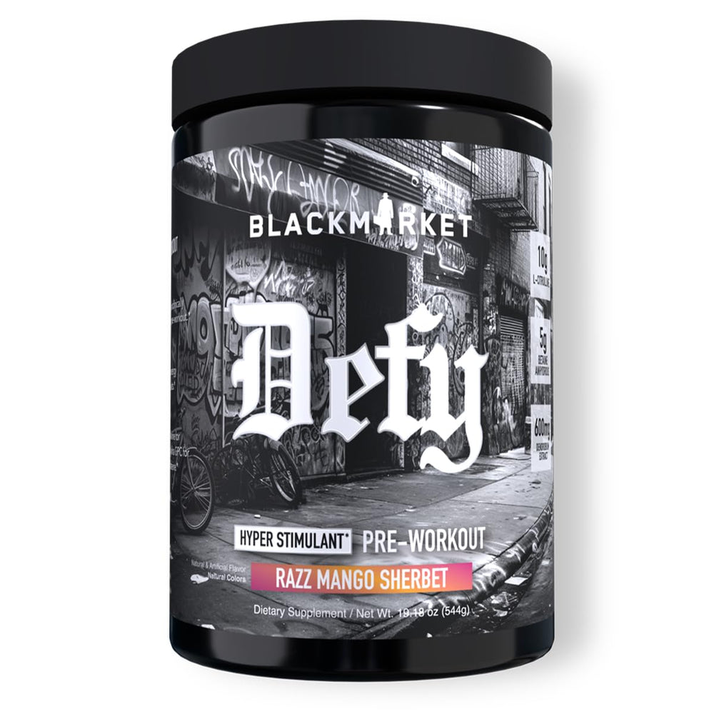 Front view of BLACKMARKET DEFY canister in Razz Mango Sherbet flavor