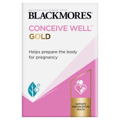 Front view of Blackmores Conceive Well Gold bottle with 28 tablets and 28 capsules