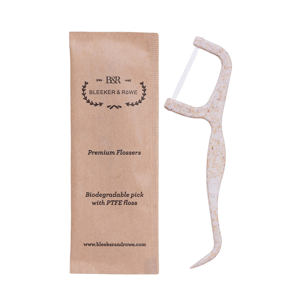 Close-up of the eco-friendly double-line floss design on a floss pick