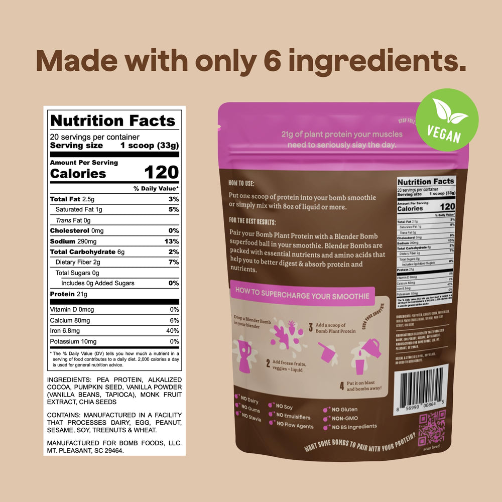 Blender Bombs Bomb Plant Protein gluten-free label denotes allergen-friendly option