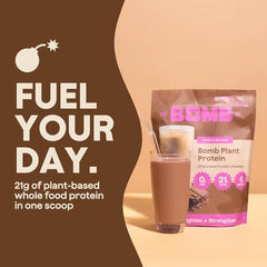 Blender Bombs Bomb Plant Protein pumpkin seeds and chia visuals emphasize natural texture and nutrition
