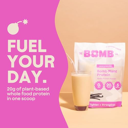 Blender Bombs Bomb Plant Protein protein powder close-up emphasizes 20 g per serving.