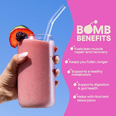 Blender Bombs Bomb Plant Protein vanilla shake close-up demonstrates creamy smoothie option.