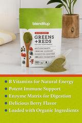 Measuring scoop with greens powder on white background