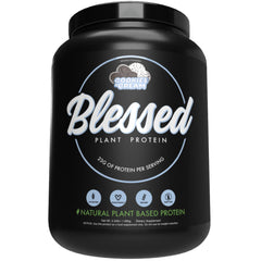 BLESSED Cookies & Cream protein powder tub for meal replacement ideas.