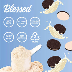 BLESSED protein powder ingredients label highlights gluten-free and dairy-free attributes.