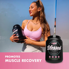 Blessed Vegan Protein Powder ingredients glass shows gluten-free and soy-free formula