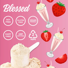 Blessed Vegan Protein Powder ingredients glass shows gluten-free and soy-free formula