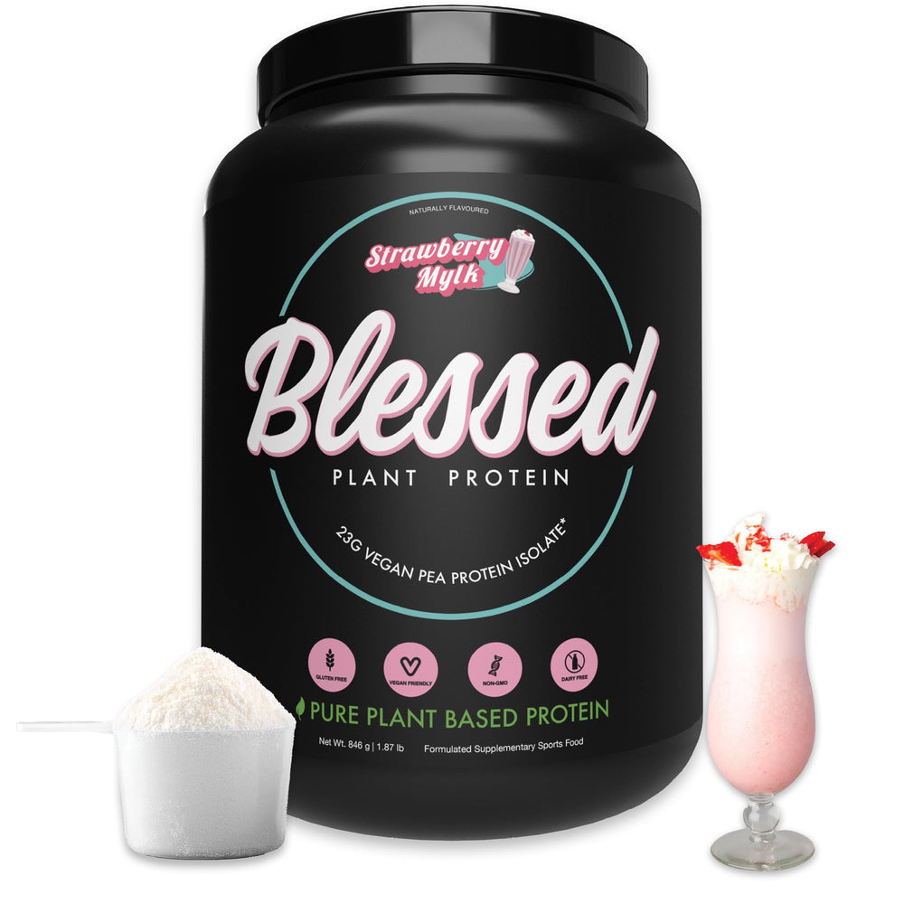 Blessed Vegan Protein Powder Strawberry Mylk jar highlighting plant-based protein for meals
