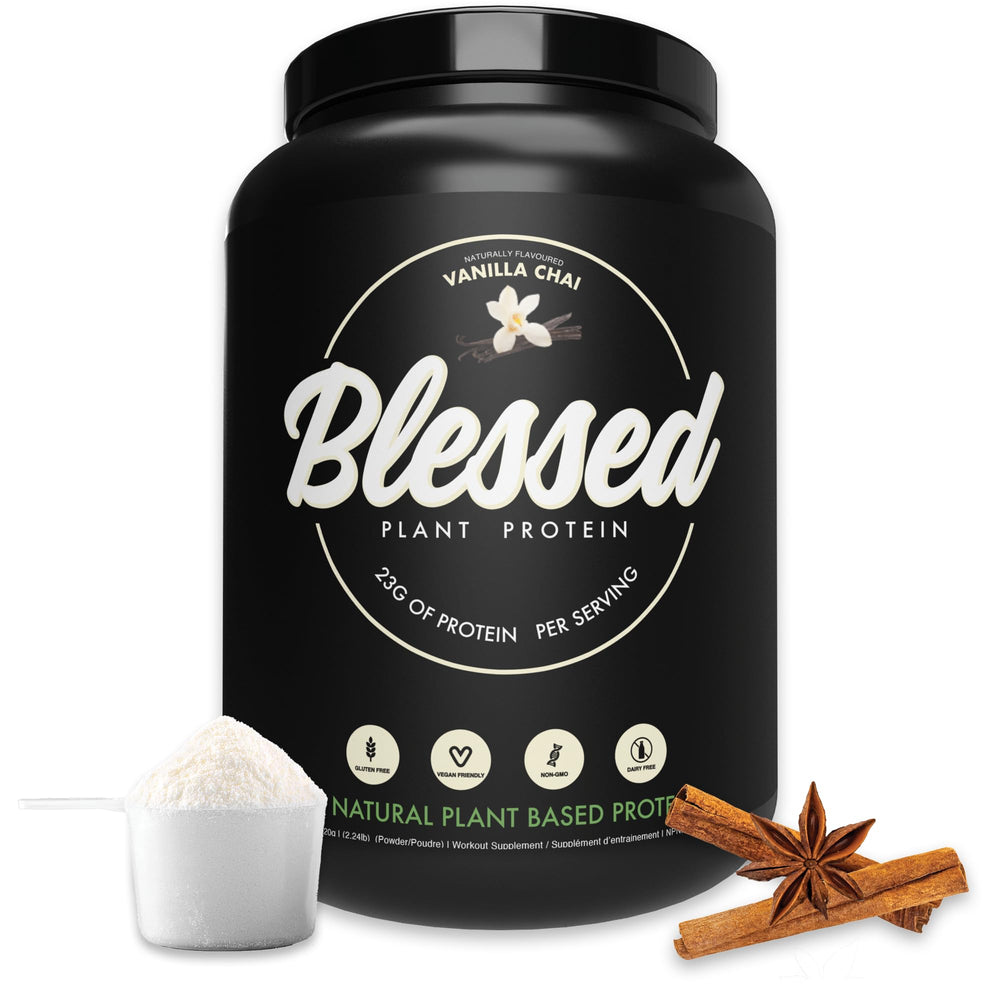 Blessed vegan protein powder Vanilla Chai bag closeup for a convenient meal replacement