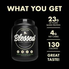 Blessed protein powder scoop showing 23g protein per serving