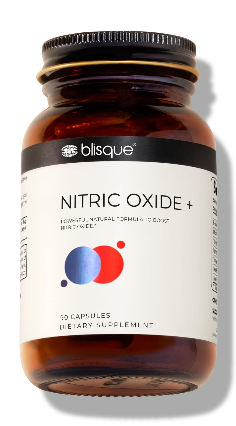 Front view of Blisque Nitric Oxide Booster bottle with label