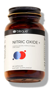 Front view of Blisque Nitric Oxide Booster bottle with label