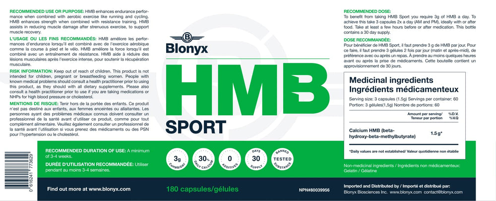 Blonyx HMB Sport Capsules on white background with 30-day supply concept