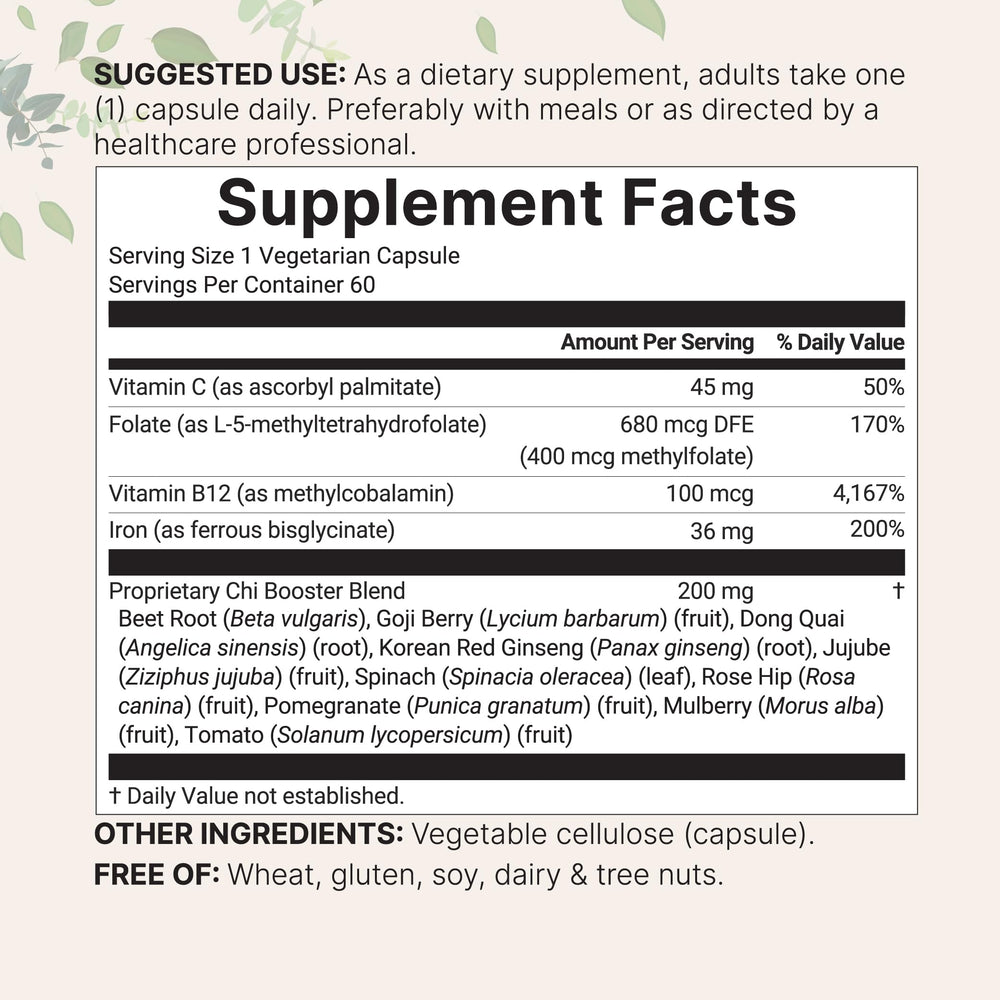 Close-up of Blood Booster+ packaging highlighting 14-in-1 iron bisglycinate