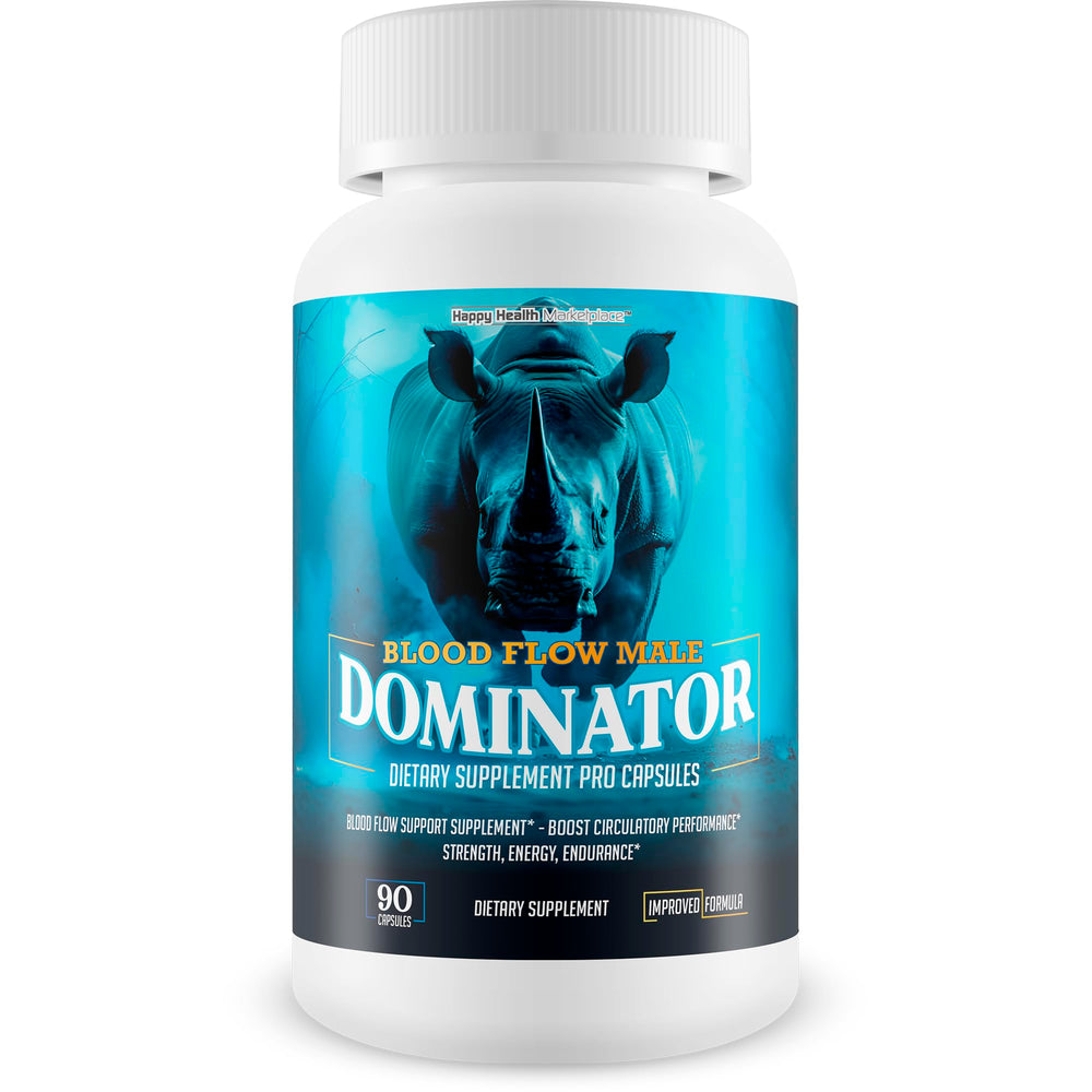 Blood Flow Male Dominator bottle with capsules on white background