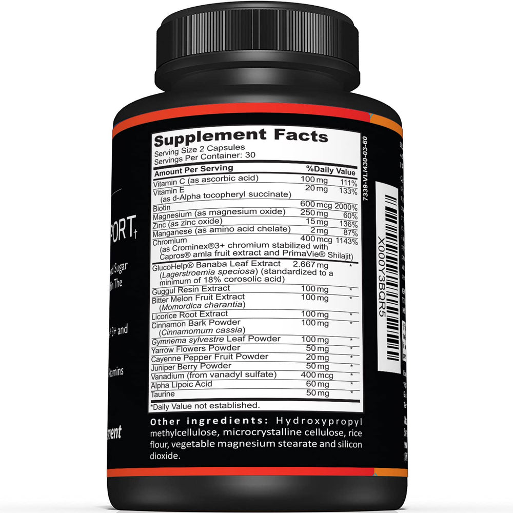 Bottle of Premium Blood Sugar Support capsules on white background