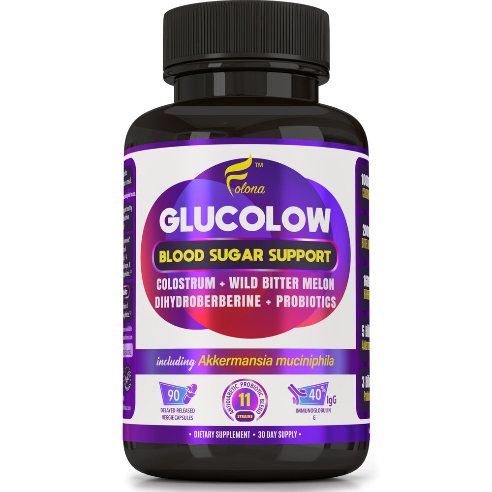 Bottle of Blood Sugar Support Colostrum supplement with 90 vegan capsules