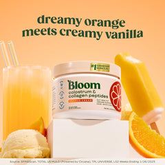 Scoop of Bloom Nutrition Colostrum powder with glass of water