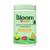 Front view of Bloom Nutrition Kids Greens Powder Tropical Punch packaging