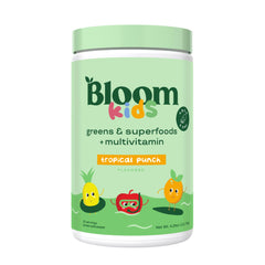 Front view of Bloom Nutrition Kids Greens Powder Tropical Punch packaging