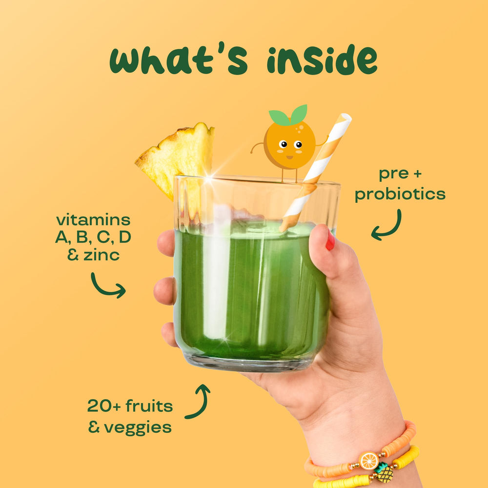 Illustration showing 20+ fruits and vegetables and essential vitamins