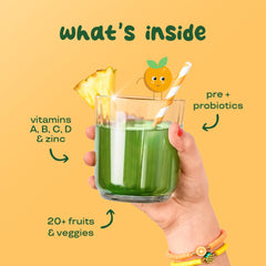 Illustration showing 20+ fruits and vegetables and essential vitamins