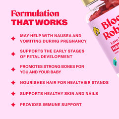 Postpartum hair health messaging on Bloom Robbins prenatal gummies