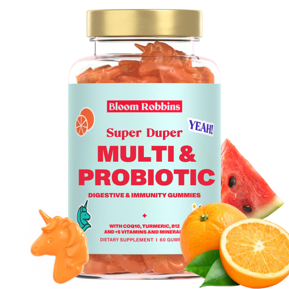 Bottle of Bloom Robbins Probiotic Gummies with label