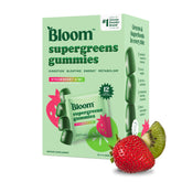 Bloom Super Greens Gummies bottle with strawberry kiwi flavor