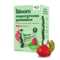 Bloom Super Greens Gummies bottle with strawberry kiwi flavor