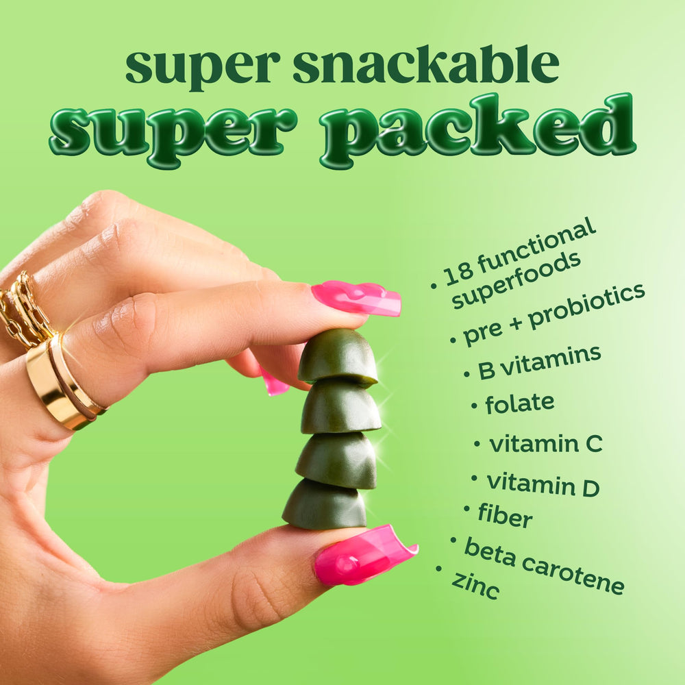Assorted Bloom greens gummy chews with fruit imagery