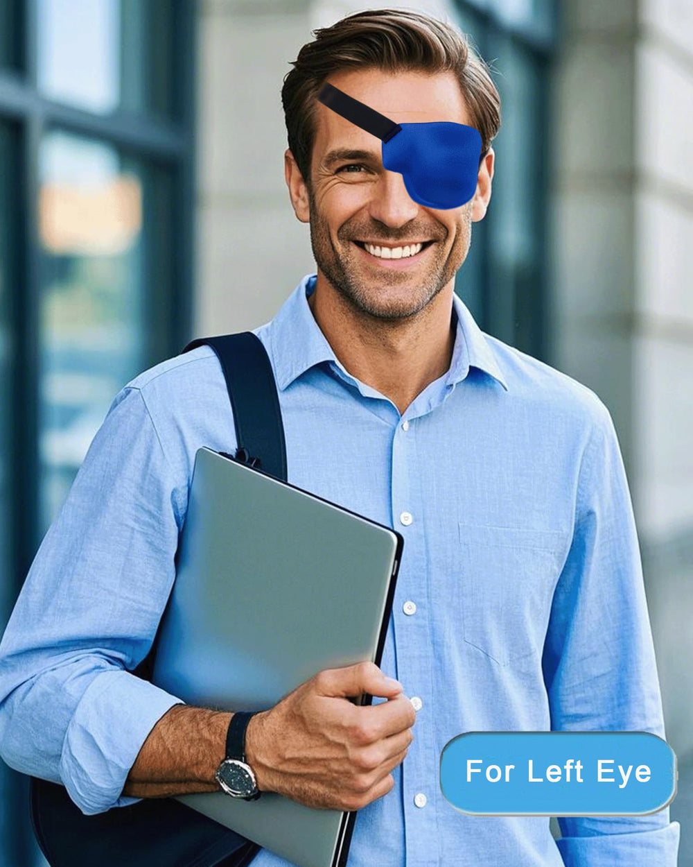 Packaging of two blue 3D eye patches for left eye