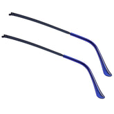 Blue metal eyeglass replacement arm close-up