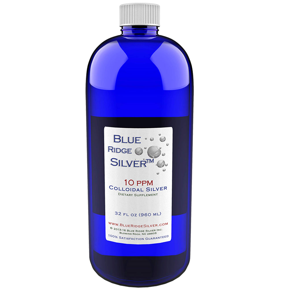 Front view of Blue Ridge Silver 32 oz bottle with blue label