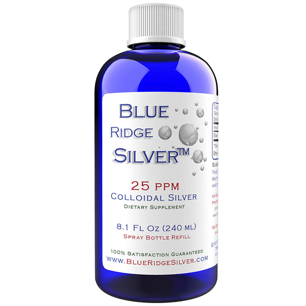 Blue Ridge Silver 25 ppm colloidal silver bottle - front view