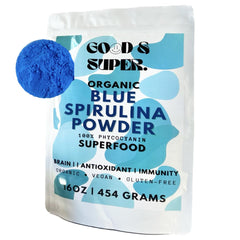 Front view of 1lb bulk pack of organic blue spirulina powder