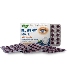 Blueberry Forte by Evalar tablets highlighting lutein, zinc and minerals