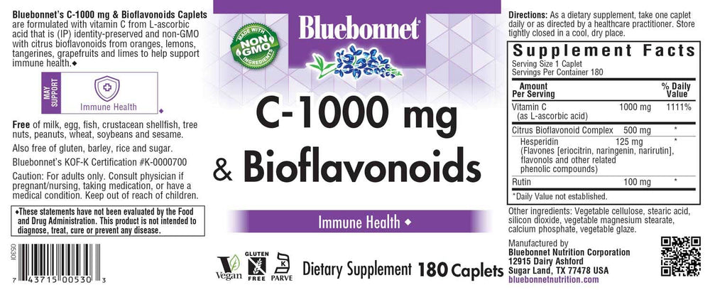 Bluebonnet C-1000 mg Plus Bioflavonoids Caplets bottle with caplets and citrus bioflavonoids imagery