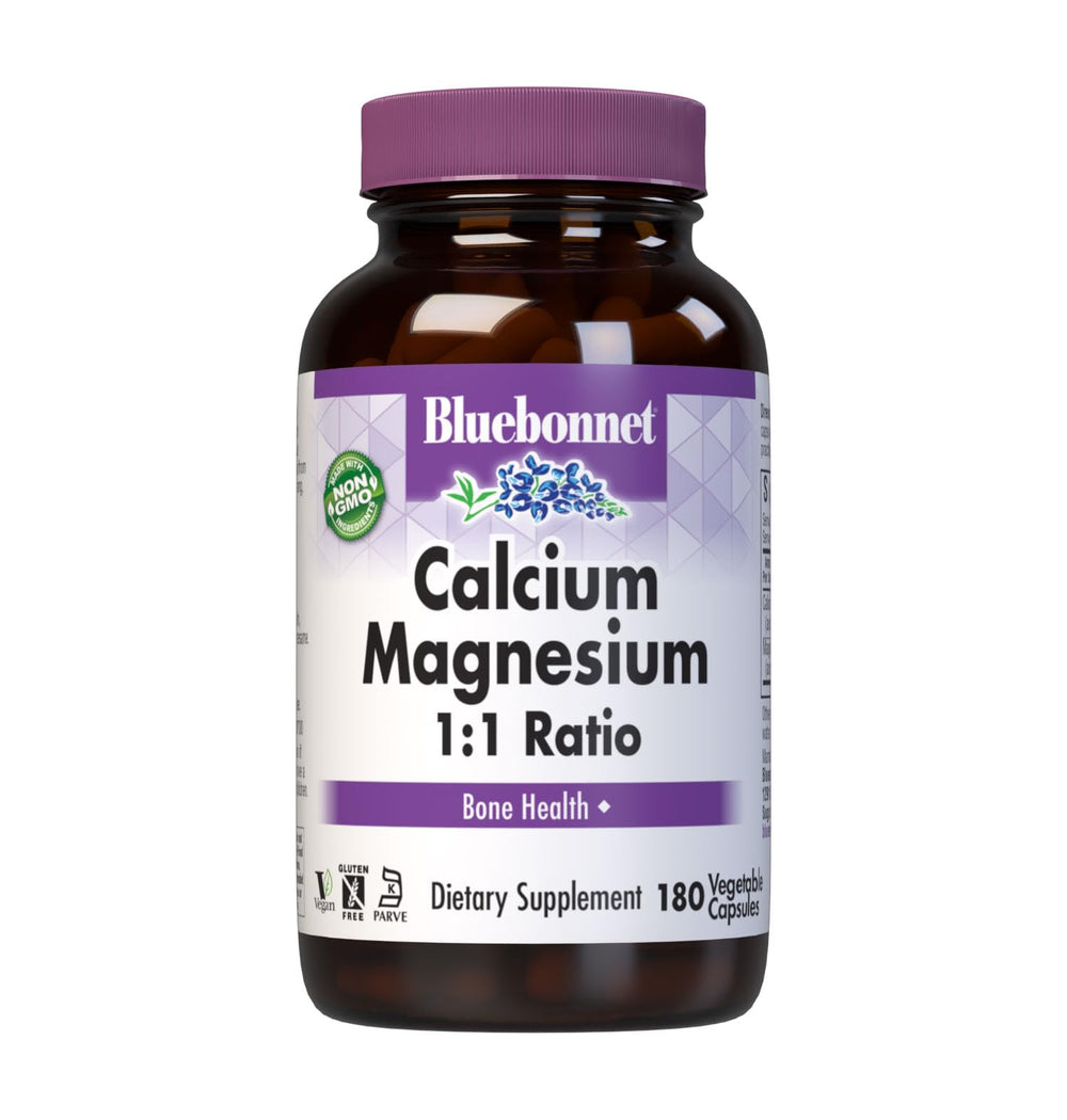BlueBonnet Calcium Magnesium 1:1 Ratio Vegetarian Capsules bottle on white background