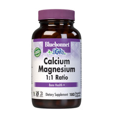 BlueBonnet Calcium Magnesium 1:1 Ratio Vegetarian Capsules bottle on white background